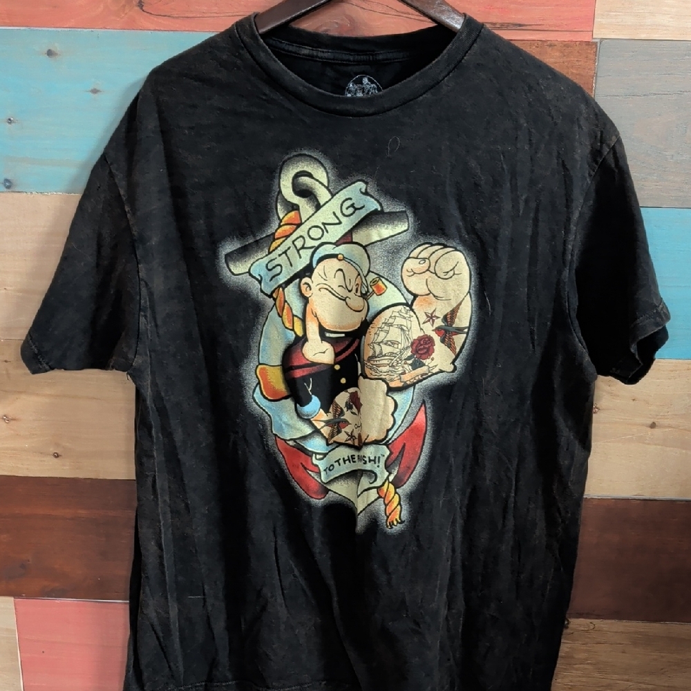 Black Popeye Tattoo-Style Graphic Short Sleeve Tee